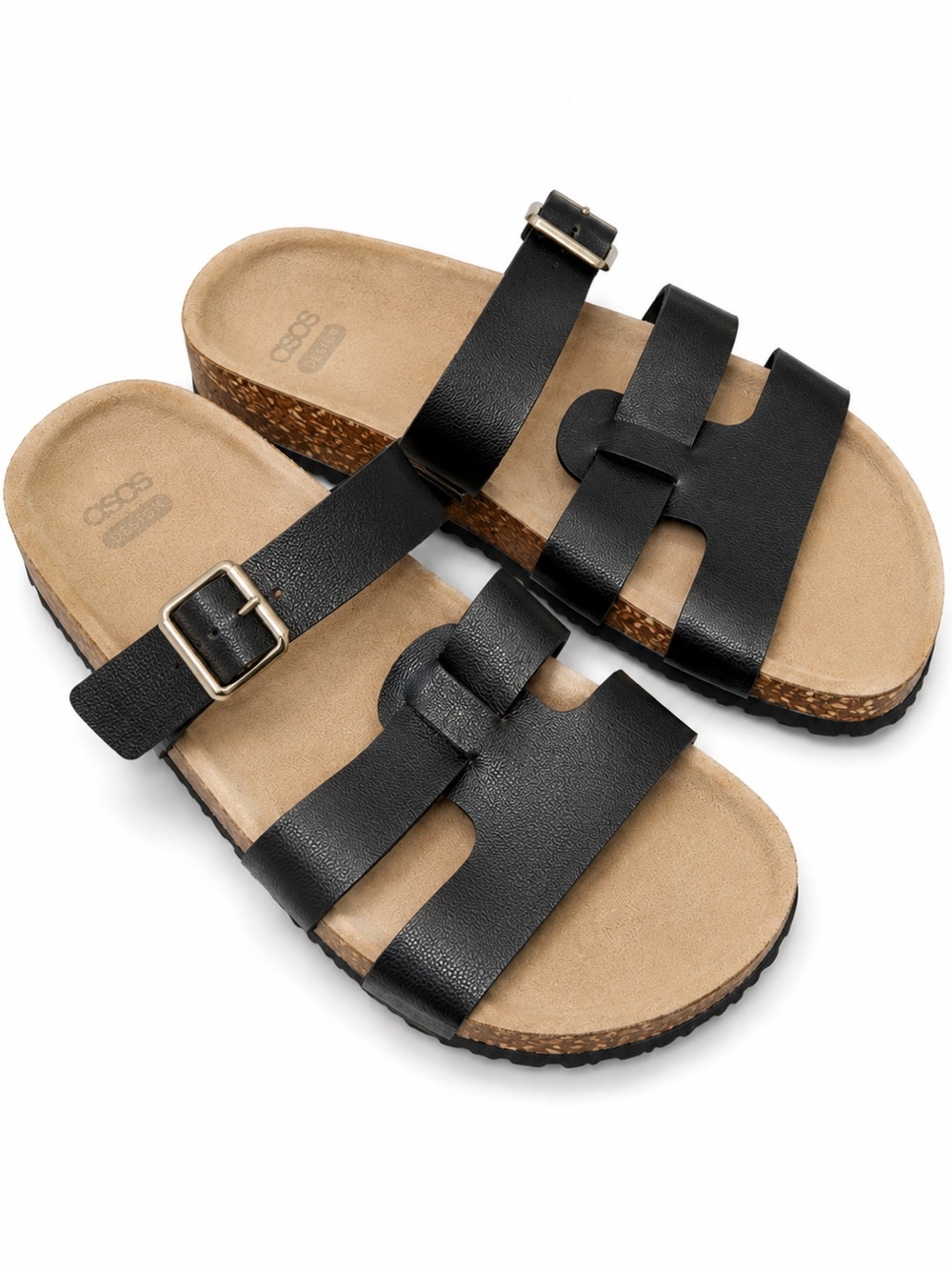 ASOS Strappy Slide Sandals Black Cork Footbed Size 9